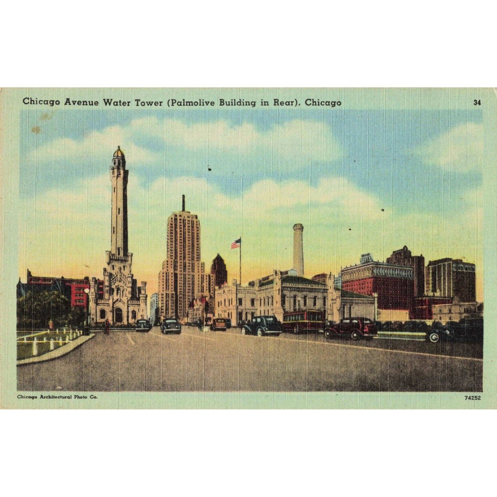 Chicago Illinois IL Water Tower Palmolive Building Vtg Linen Postcard Tichnor 34
